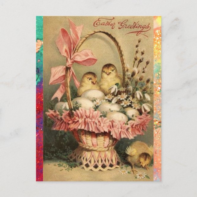 POSTAL FESTIVA ELEGANTE BAHILLA, POLLOS, FLORES Y HUEVOS ORIENTAL (Anverso)