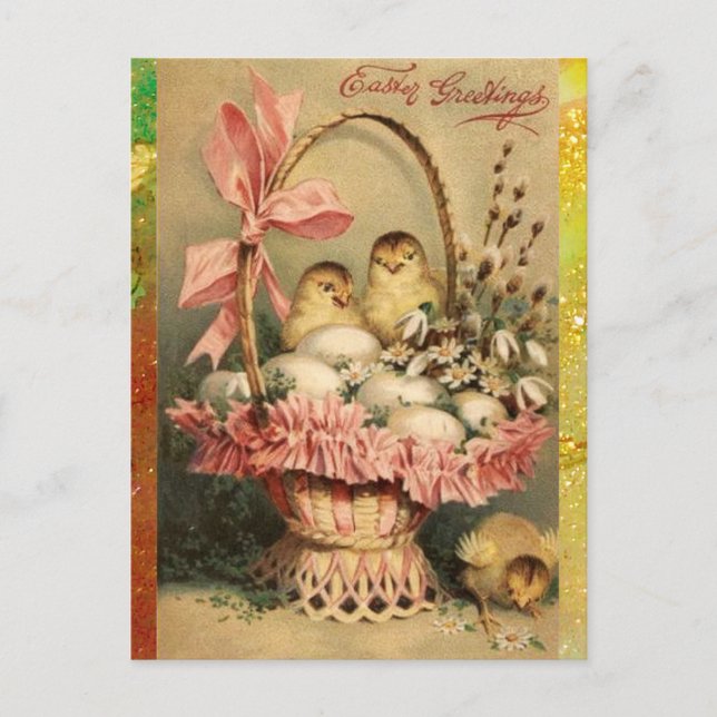 POSTAL FESTIVA ELEGANTE BAHILLA, POLLOS, FLORES Y HUEVOS ORIENTAL (Anverso)