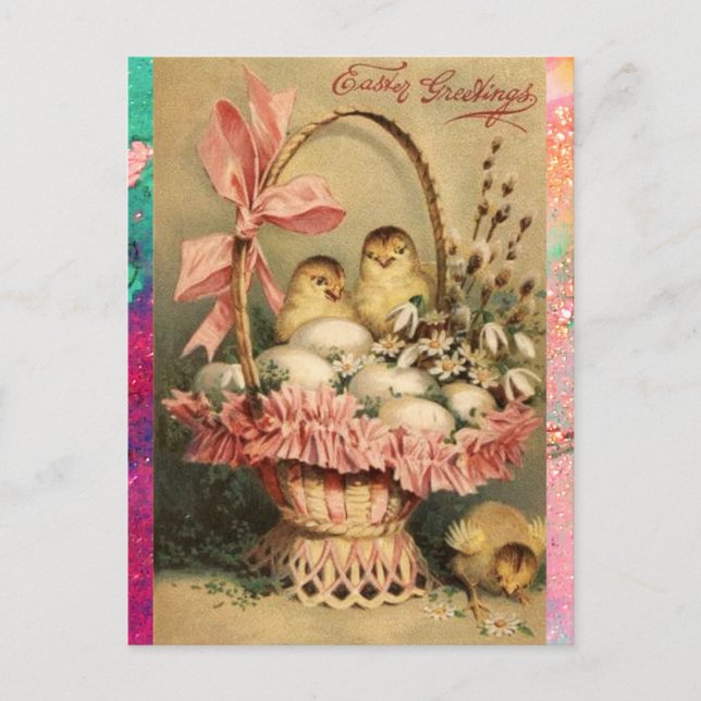 POSTAL FESTIVA ELEGANTE BAHILLA, POLLOS, FLORES Y HUEVOS ORIENTAL (Anverso)