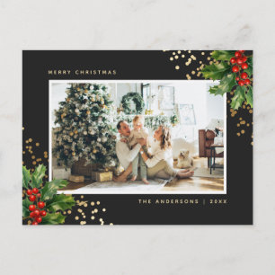 Postal Festiva Elegante Black Gold Watercolor Holly Photo