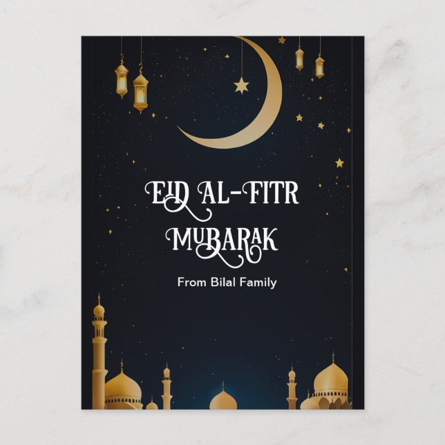 Postal Festiva Elegante Blue & Gold Eid Al-Fitr Media Luna Post (Anverso)