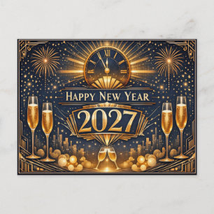 Postal Festiva Elegante Celebración de Año Nuevo Art Déco en Oro