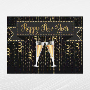 Postal Festiva Elegante Champagne Año Nuevo Negro Oro