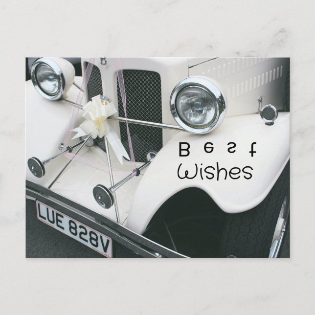 Postal Festiva Elegante coche Boda negro y blanco (Anverso)