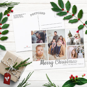 Postal Festiva Elegante Collage de fotos Silver Merry Christmas 5