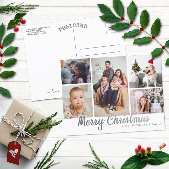 Postal Festiva Elegante Collage de fotos Silver Merry Christmas 5 (Subido por el creador)