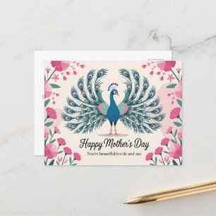 Postal Festiva Elegante Día de la Madre Peacock Floral Animal Lov