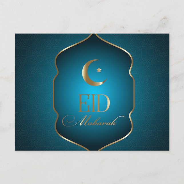 Postal Festiva Elegante Eid Mubarak Crescent Star Gold Frame Azul (Anverso)