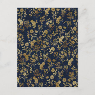 Postal Festiva Elegante Flores de Oro Azul Botánico