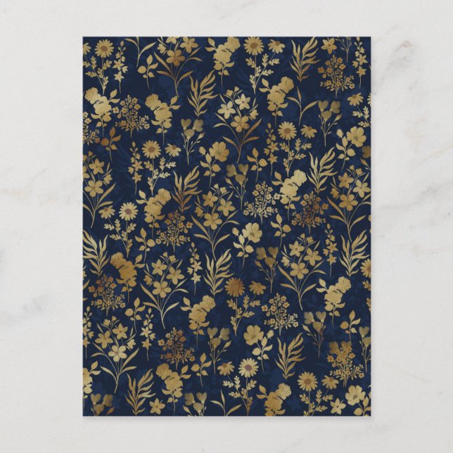 Postal Festiva Elegante Flores de Oro Azul Botánico (Anverso)