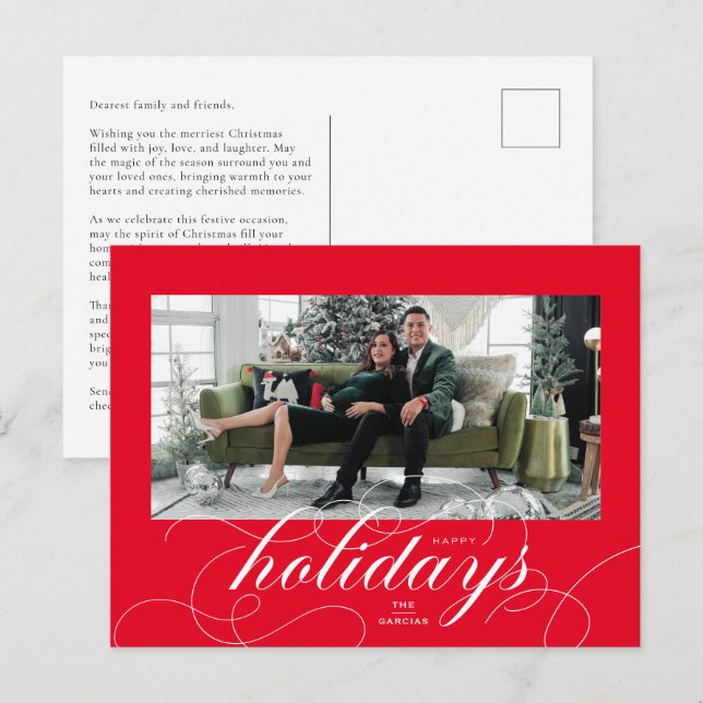 Postal Festiva Elegante Flourish Script Red Holiday Photo Card (Anverso / Reverso)