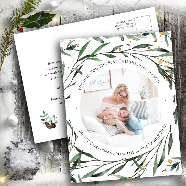 Postal Festiva Elegante Foliage Verde Dorado Confetti acuarela (Subido por el creador)