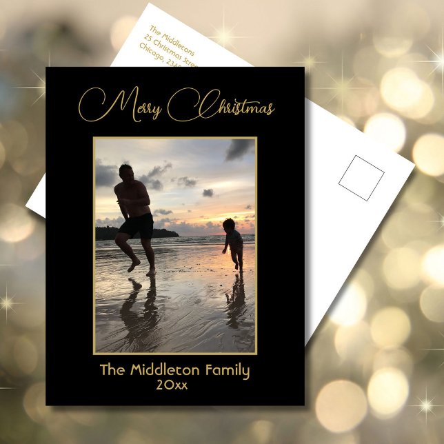 Postal Festiva Elegante foto de la familia Black & Gold Merry Chr (Subido por el creador)