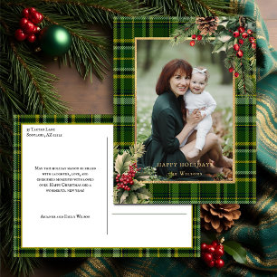 Postal Festiva Elegante foto de Navidades de Green/Gold Plaid Hol