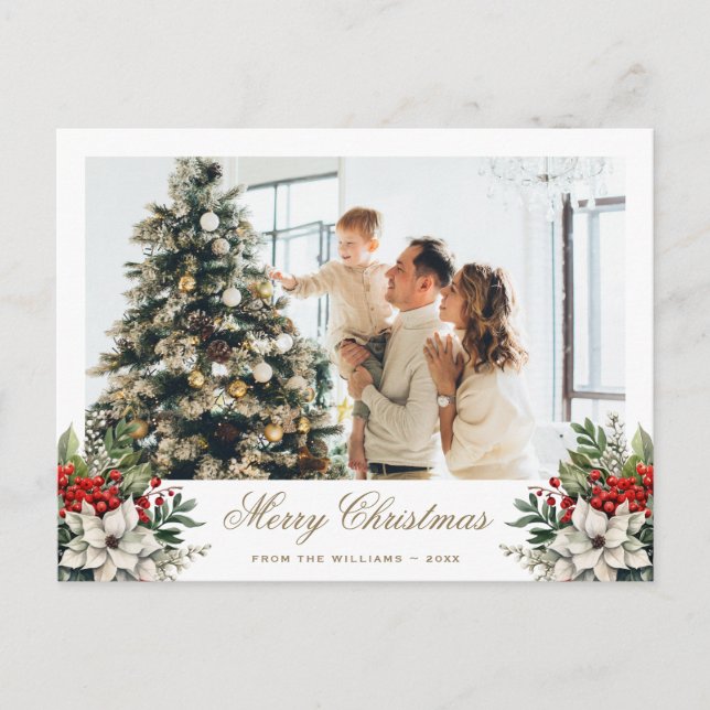 Postal Festiva Elegante foto de Poinsettia Holly Red Berries (Anverso)