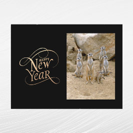 Postal Festiva Elegante Foto de Suricata de Año Nuevo en Oro