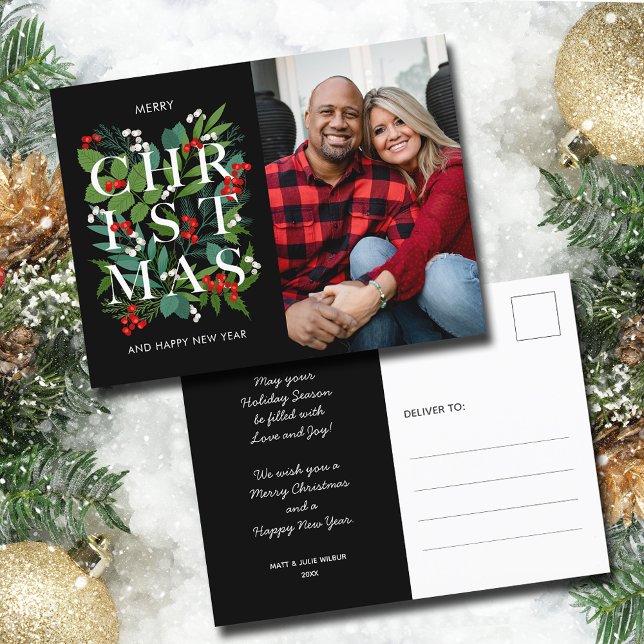 Postal Festiva Elegante foto de verde navideño (Elegant Merry Christmas Greenery Photo Holiday Postcards)