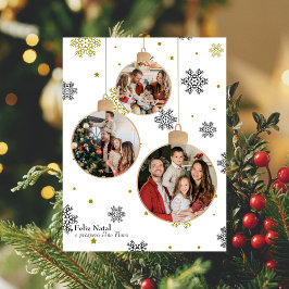 Postal Festiva Elegante Foto Ornamento de Navidad, Deseos Portugu