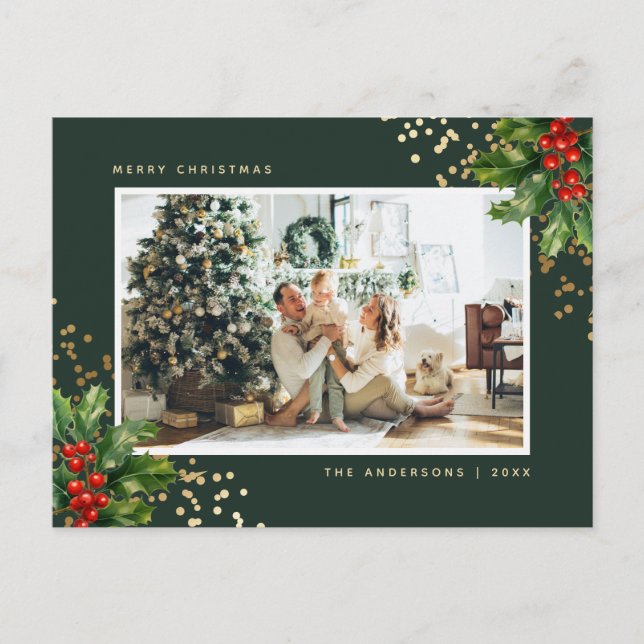 Postal Festiva Elegante Green Gold Watercolor Holly Photo (Anverso)