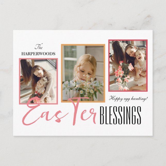 Postal Festiva Elegante guión Feliz Familia de Pascua Tres Foto (Anverso)