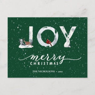 Postal Festiva Elegante guión verde moderno JOY sobre nieve blanc