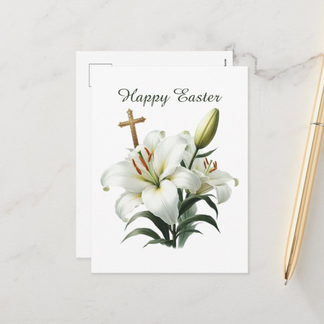 Postal Festiva Elegante Happy Easter Lilly Cross (Anverso/Reverso In Situ)