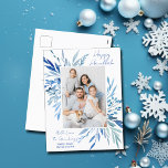 Postal Festiva Elegante Happy Hanukkah Blue Botanfamily Photo<br><div class="desc">Hermosas hojas botánicas de acuarela azul surgen de tu fotografía vertical de la familia judía para un Hanukkah feliz. Personalice esta elegante postal de Chanukah.</div>