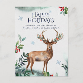 Postal Festiva Elegante Holly Deer Navidades Saludo Corporativo