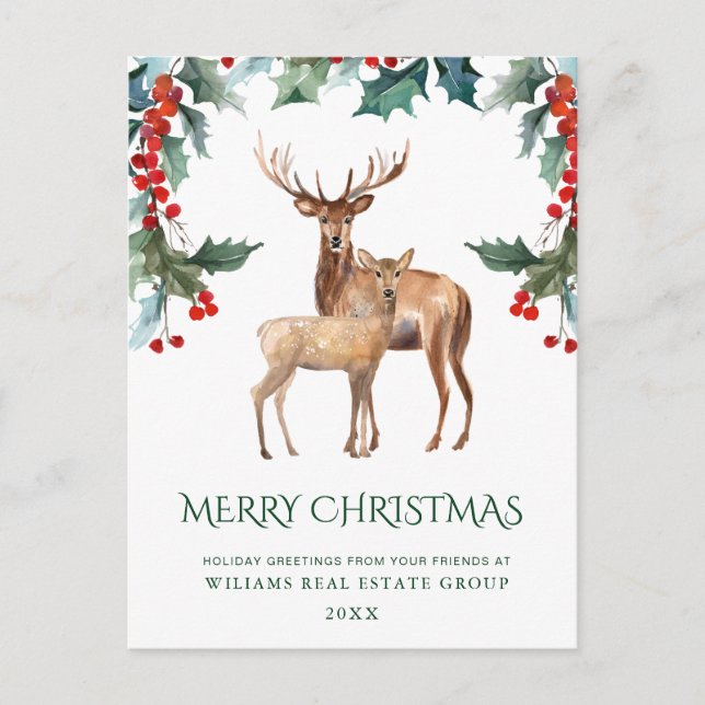 Postal Festiva Elegante Holly Deer Navidades Saludo Corporativo (Anverso)