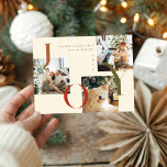 Postal Festiva Elegante JOY Boho Season's Greetings Three Photo<br><div class="desc">Una tarjeta de Navidades minimalista y elegante con tres hermosas fotos familiares con una tipografía que dice "JOY" y un fondo de rayas de boho en la parte trasera.</div>