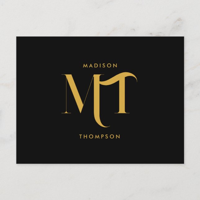 Postal Festiva Elegante letras de inicio de monograma negro y dor (Anverso)