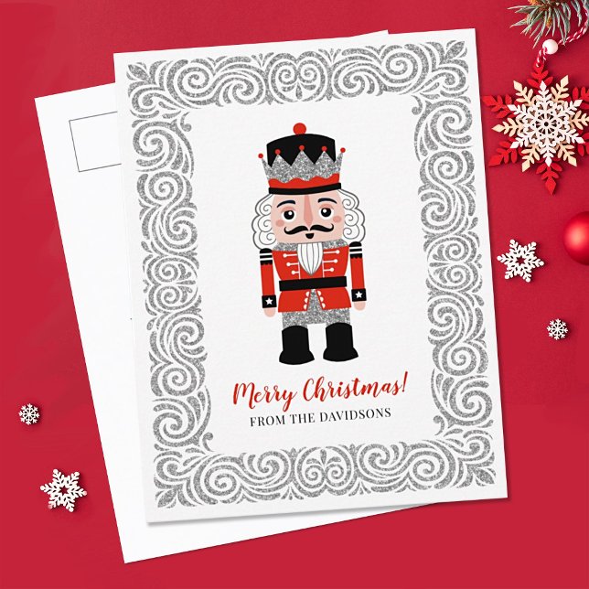 Postal Festiva Elegante loco Navidades rojos (An elegant nutcracker Christmas postcard for your holiday greetings.)