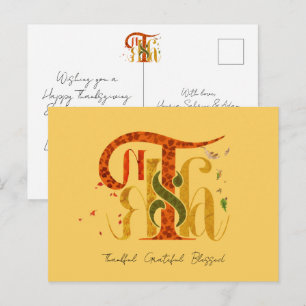 Postal Festiva Elegante Manuscrito Gracias Follaje de Otoño