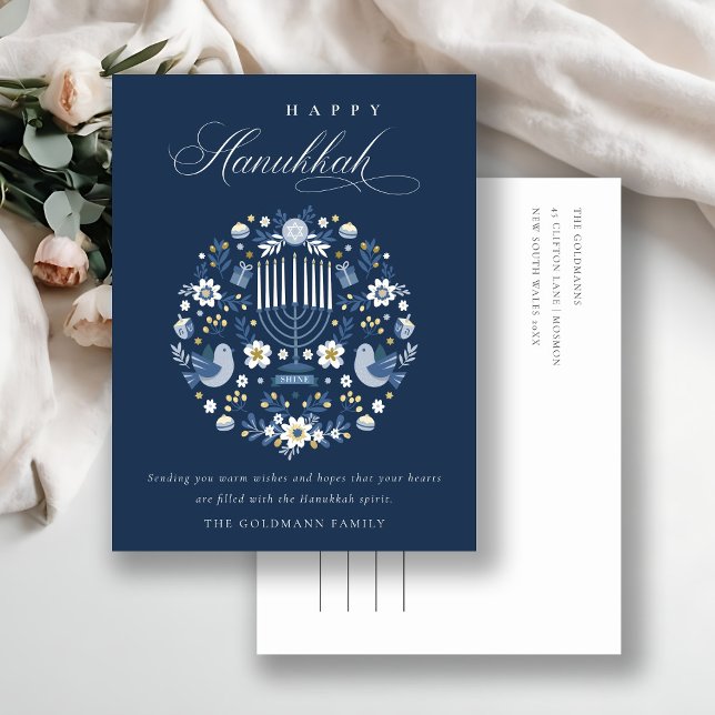 Postal Festiva Elegante Marina Clásica Azul Feliz Floral Hanukkah (Subido por el creador)
