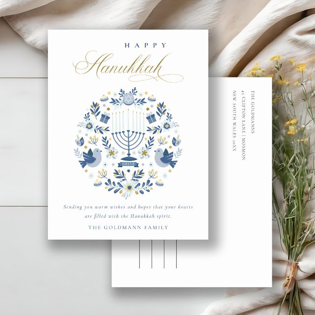 Postal Festiva Elegante Marina Clásica Azul Feliz Floral Hanukkah (Subido por el creador)