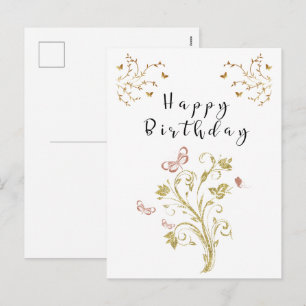 Postal Festiva Elegante Mariposa Floral Dorada Feliz Cumpleaños 