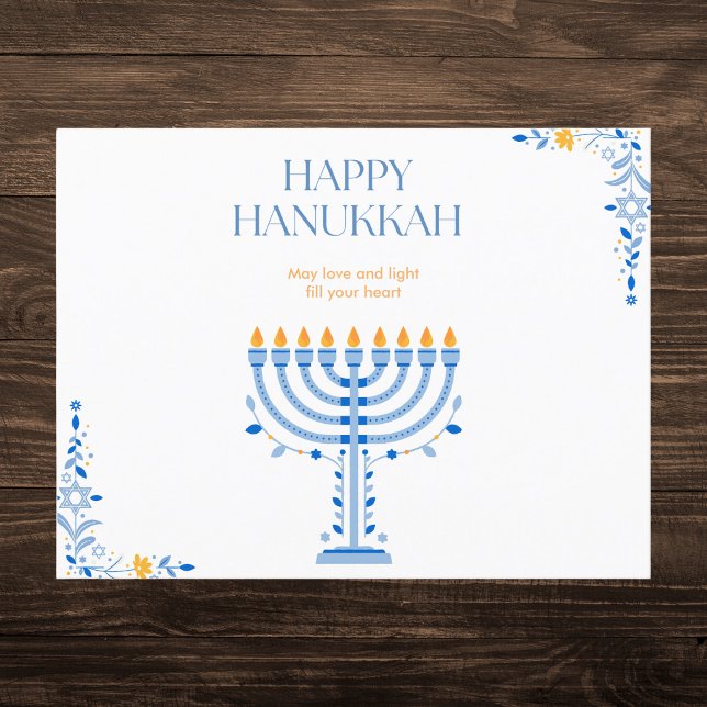 Postal Festiva Elegante Menorah Hanukkah azul y oro (Subido por el creador)