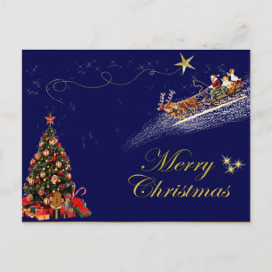 Postal Festiva Elegante Merry Christmas Santa Reno de Papel de Or