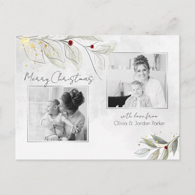Postal Festiva Elegante Navidades de plata moderna Floral 2-Photo (Anverso)