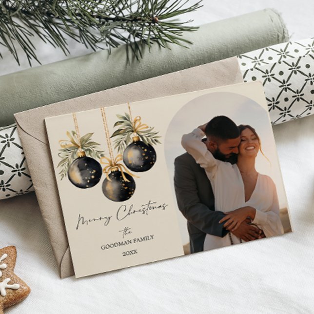 Postal Festiva Elegante Oro Negro Ornamentos Arco Festividad de l (CHRISTMAS BOUBLES ELEGANT ORNAMENTS PHOTO ARCH SHAPE POSTCARD. NEWLY WED FAMILY PHOTO)