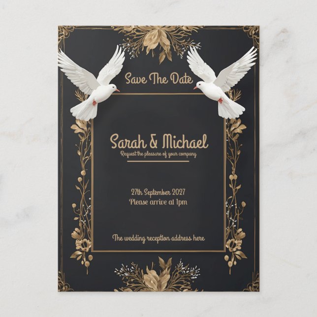 Postal Festiva Elegante paloma blanca y marco floral (Anverso)