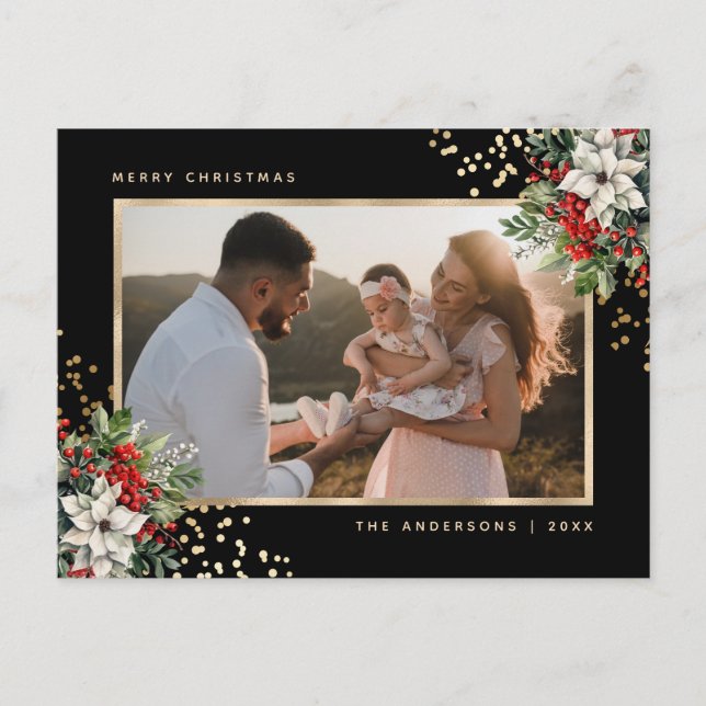 Postal Festiva Elegante Poinsettia de oro negro Holly Berries Fot (Anverso)