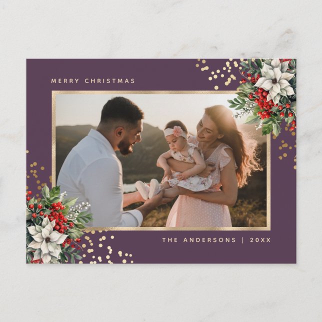 Postal Festiva Elegante Poinsettia de oro violeta Holly Berries F (Anverso)