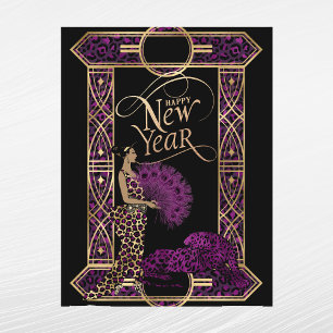 Postal Festiva Elegante púrpura oro leopardo dama Art Deco Año Nu