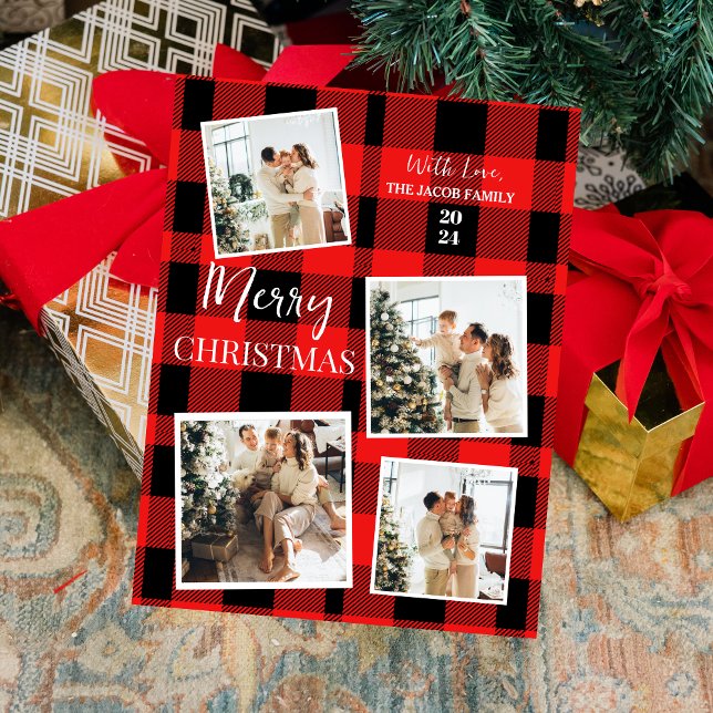 Postal Festiva Elegante Red Buffalo Christmas Tree Family 4 Photo (Subido por el creador)