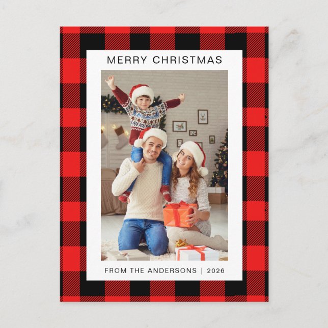 Postal Festiva Elegante Red Buffalo Plaid Navidades Familia 1 Fot (Anverso)
