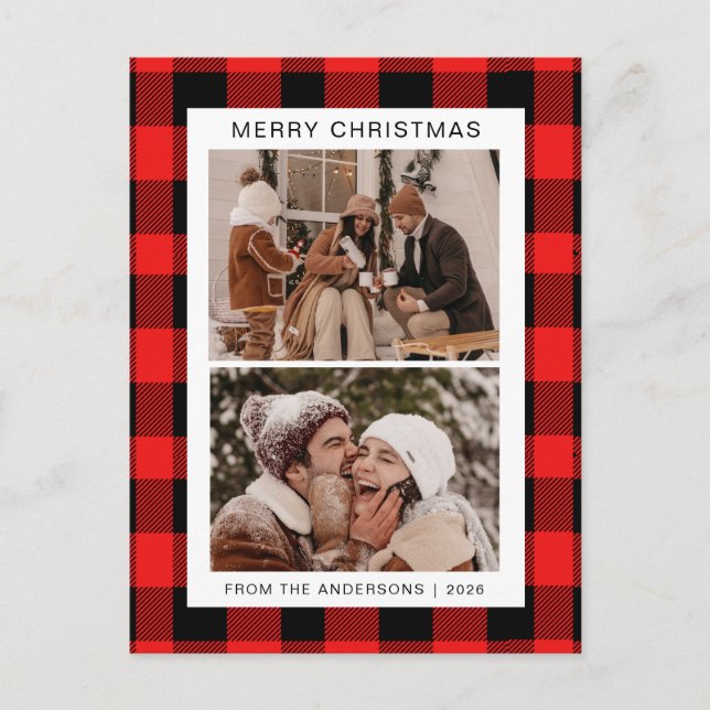 Postal Festiva Elegante Red Buffalo Plaid Navidades Familia 2 Fot (Anverso)