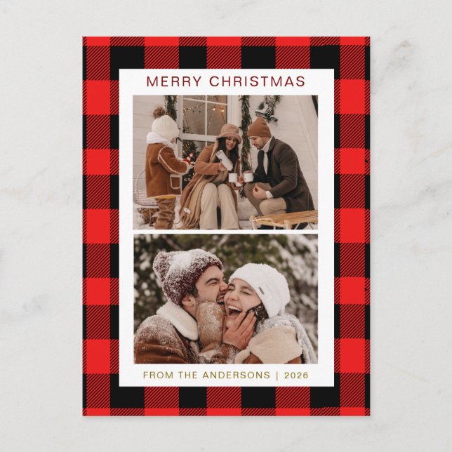 Postal Festiva Elegante Red Buffalo Plaid Navidades Familia 2 Fot (Anverso)