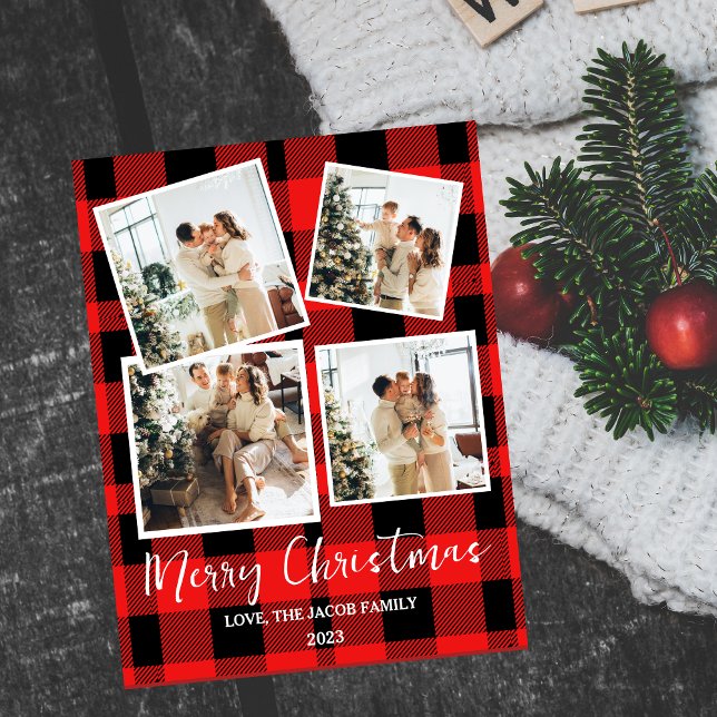Postal Festiva Elegante Red Buffalo Plaid Navidades Familia 4 Fot (Subido por el creador)