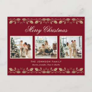 Postal Festiva Elegante Red Gold Photo Merry Christmas